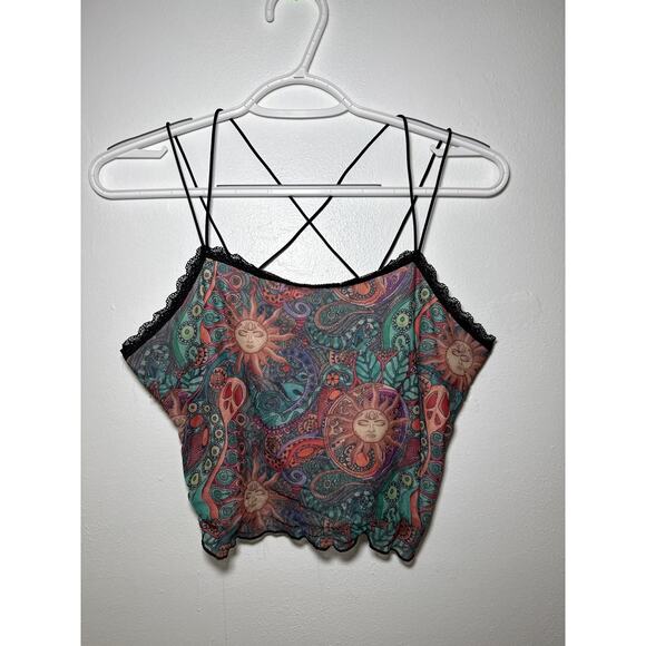 Romwe Celestial lace trim sheer strappy cropped tank top womens large whimsigoth - Picture 1 of 7